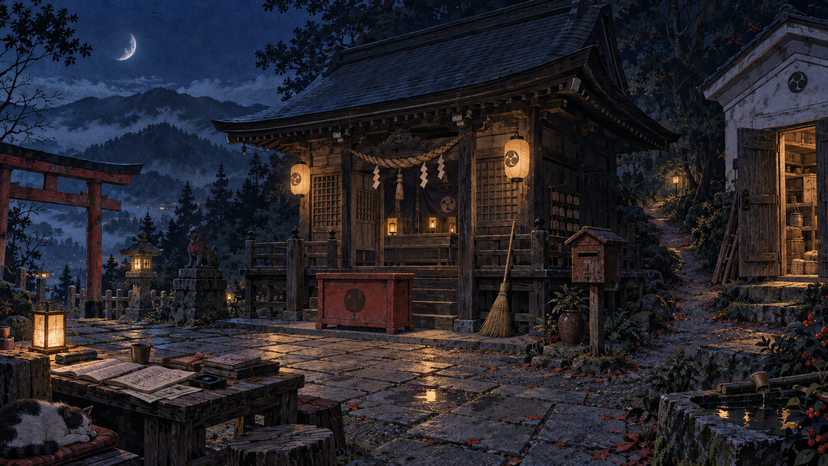 暮色中的山间神社。境内有赛钱箱、扫帚、信箱、散落着纸张的矮桌、仓库与通往后山的小路。